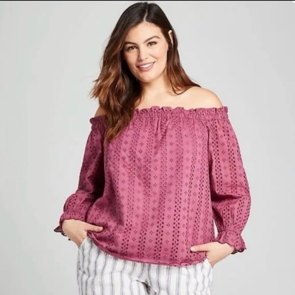 Lane Bryant Off-Shoulder Lace Blouse in Mauve
